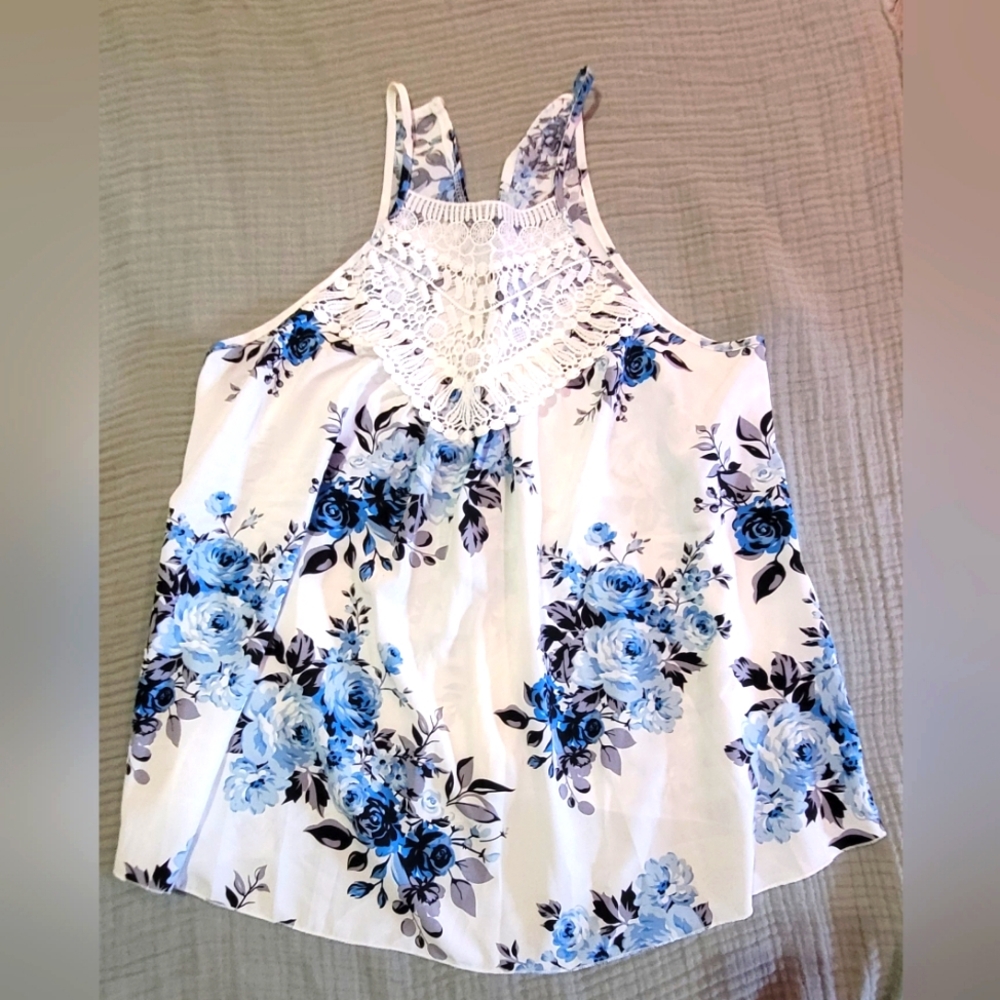 Floral Lace Women's Top - Blue and White